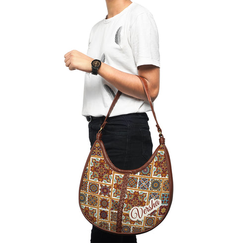 Multicolored Printed Half Moon Hobo Bag - Uncommongifts.in